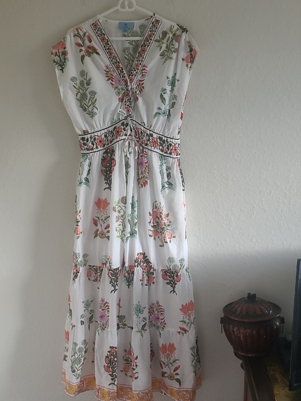 CeCe Maxi Floral Block Print Tiered White Dress with Pink, Green & Yellow Sz. M - Picture 3 of 16